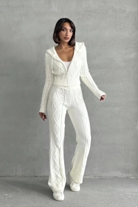 Kadın Kapşonlu Fermuarlı Crop Hırka Pantolon Alt Üst Triko Takım - Ekru S/m